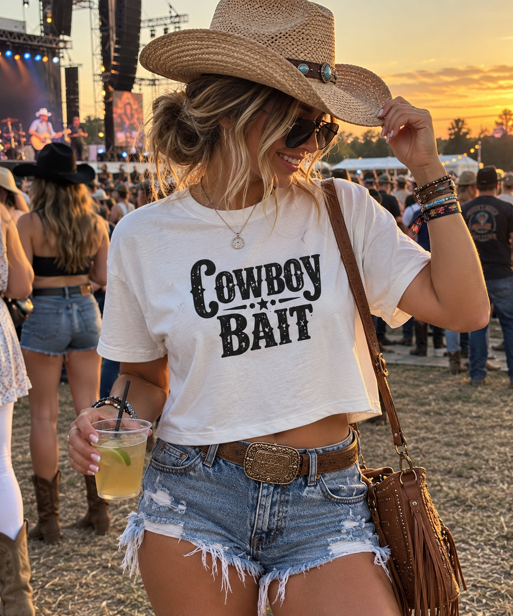 Cowboy Bait ivory cropped tee at an outdoor country concert