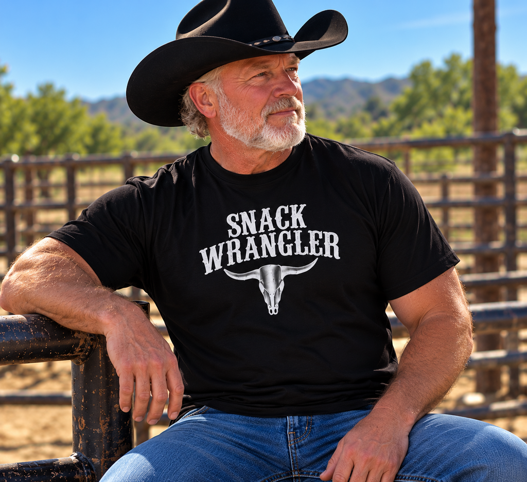 Older cowboy in black Snack Wrangler tee